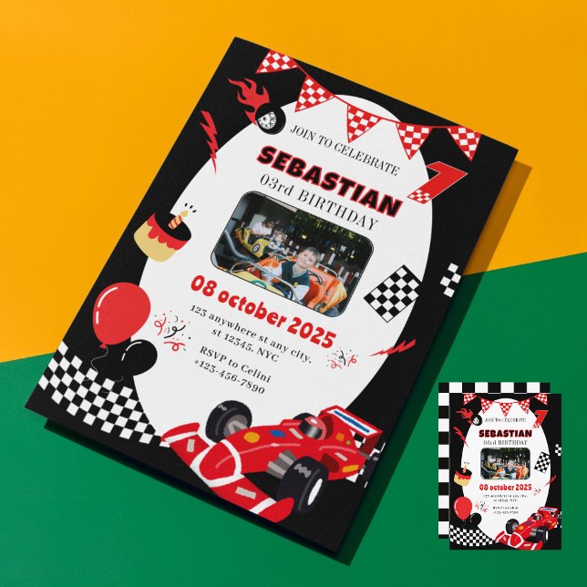 Course rouge et noire Invitation d'anniversaire -  (Funny Racing Car Birthday Invite)
