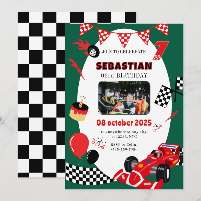 Course verte et noire Invitation d'anniversaire -  (Devant / Derrière)