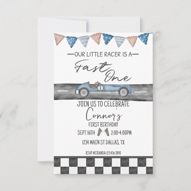 Course Voiture Fast One First Birthday Invitation (Devant)
