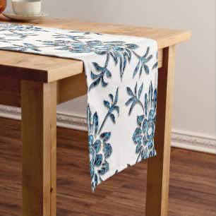 Court Chemin de table en cristal floral bleu et blanc él