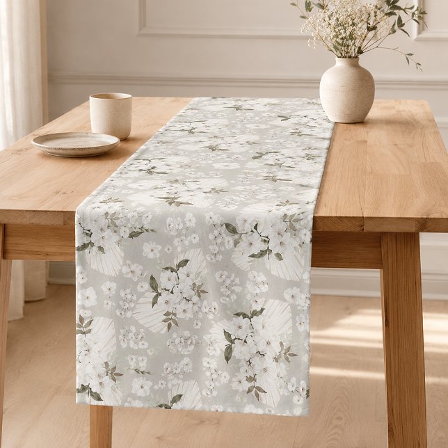 Court Chemin de table floral Boho Fleurs blanches neutre (Table Runner)