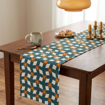 Chemin de table rétro sarcelle et orange à motif f
