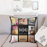Coussin 100e anniversaire sur mesure photo collage femme n<br><div class="desc">Un cadeau unique pour une femme 100e anniversaire, célébrant sa vie avec un collage de 8 de vos propres photos, photos. Personnalisez et ajoutez son nom, 100 ans et une date. Un arrière - plan noir chic. Lettres et chiffres gris et blancs. Le nom est écrit avec un script de...</div>