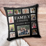 Coussin 11 Photo Collage Nom de famille Citation Noir<br><div class="desc">Ce 11 Photo Collage Nom de famille Citation coussin noir est l'ajout parfait à votre décor maison! Créez votre propre coussin personnalisé avec le nom de votre famille et les photos préférées. La famille est tout, alors pourquoi ne pas présenter vos souvenirs spéciaux avec un design simple, moderne et unique....</div>