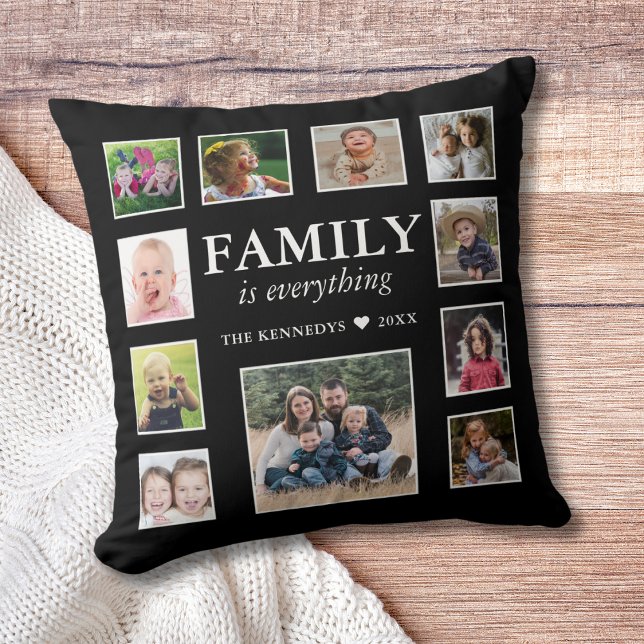 Coussin 11 Photo Collage Nom de famille Citation Noir (11 Photo Collage Family Name Quote Black Throw Pillow
)