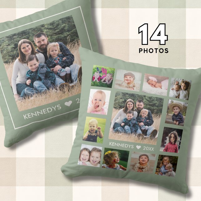 Coussin 14 Family Photo Collage Create Your Own Sage Green (Créateur téléchargé)