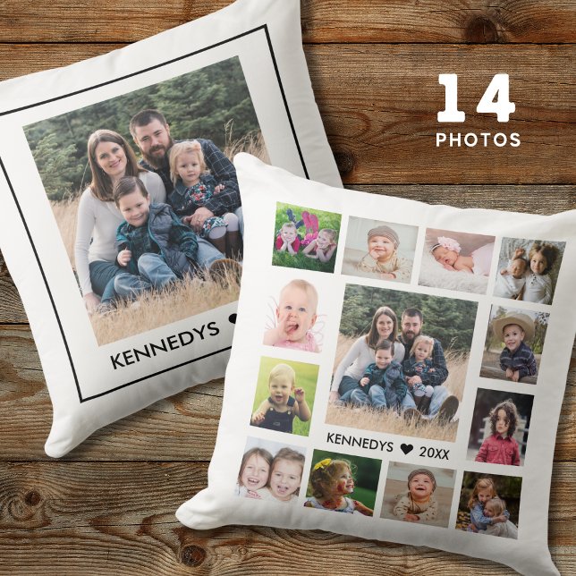 Coussin 14 Family Photo Collage Create Your Own White (Créateur téléchargé)