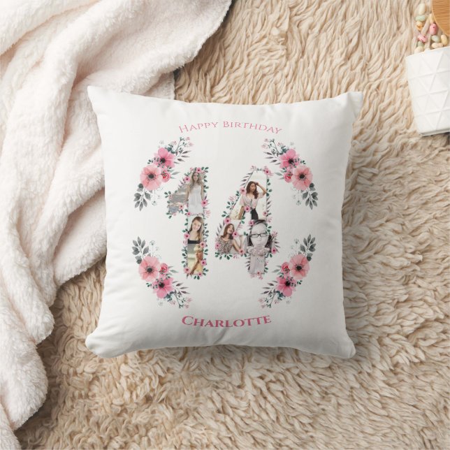 Coussin 14e anniversaire fille rose Fleur photo Collage bl (Couverture)