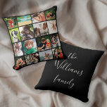 Coussin 16 Photo Collage Famille Nom du script<br><div class="desc">Personnalisez avec vos 16 photos de famille préférées et ajoutez votre nom de famille dans un script élégant pour créer un collage photo,  mémoire et cadeau unique. Vous pouvez customiser l'arrière - plan à votre couleur préférée. Un joli gardien au trésor ! Conçu par Thisisnotme©</div>