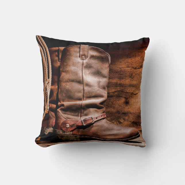Coussin 16"x16" Écouteur à lancer Bottes de cow-boy Écorce (Recto)