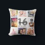 Coussin 16e anniversaire sur mesure photo collage fille bl<br><div class="desc">Un cadeau unique pour une fille de Sweet 16, 16e anniversaire, célébrant sa vie avec un collage de 8 de vos propres photos, photos. Personnalisez et ajoutez son nom, 16 ans et une date. Un arrière - plan blanc chic. Lettres et chiffres gris et noirs. Le nom est écrit avec...</div>