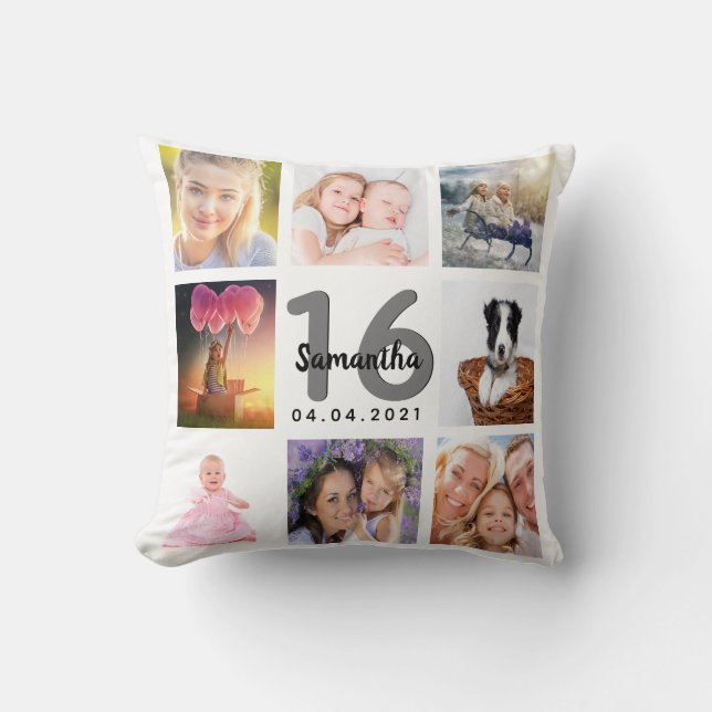 Coussin 16e anniversaire sur mesure photo collage fille bl (Recto)