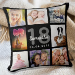 Coussin 18e anniversaire photo collage fille noir<br><div class="desc">Un cadeau unique pour le 18ème anniversaire d'une fille, célébrant sa vie avec un collage de 8 de vos propres photos, photos. Personnalisez et ajoutez son nom, 18 ans et une date. Un arrière - plan noir chic. Lettres et chiffres gris et blancs. Le nom est écrit avec un script...</div>