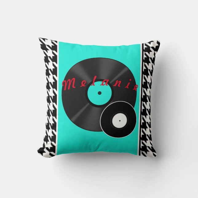 Coussin 1950 Diner turquoise noir & blanc à damiers rétro (Recto)