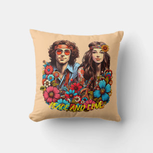 Coussin 1960 Hippie Couple enfant à fleurs Peace & Love ar