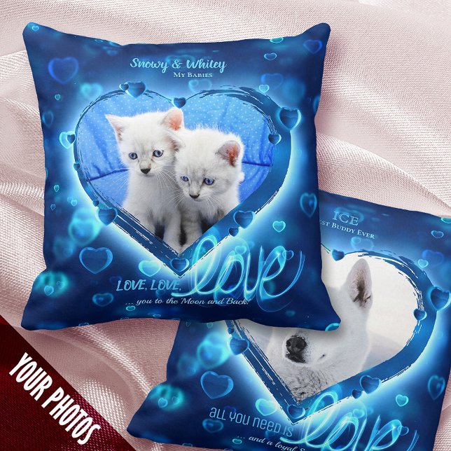 Coussin 1+1 Photo Pet Love & Keepsake, Blue Neon Hearts - (Créateur téléchargé)