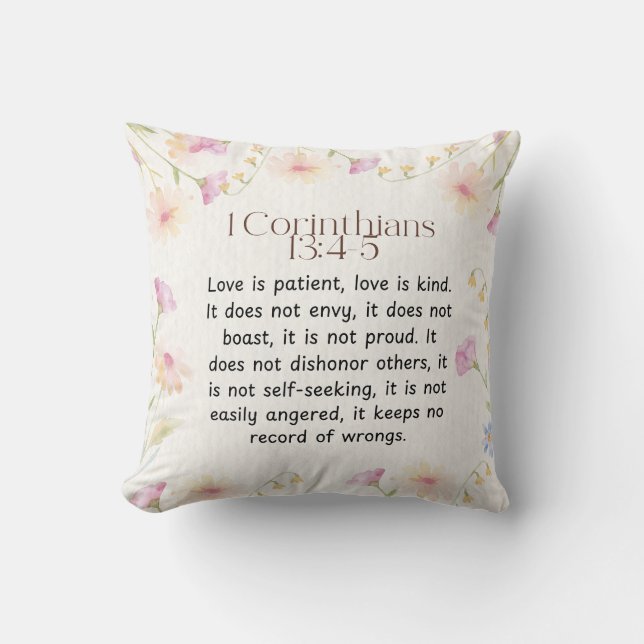 Coussin 1 Corinthiens 13:4-5 Verset de la Bible chrétienne (Recto)