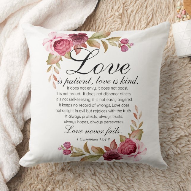 Coussin 1 Corinthiens 13:4-8 L'amour est Patient Bible Flo (Couverture)