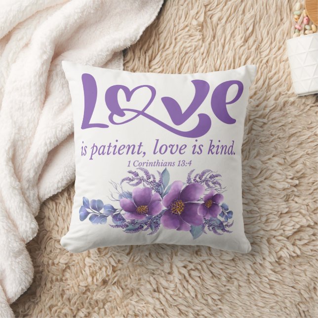 Coussin 1 Corinthiens 13:4 L'amour est Patient Purple Flor (Couverture)