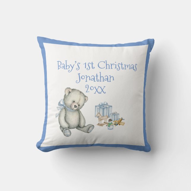 Coussin 1er Noël du bébé Personnalisez Blue Cute (Recto)