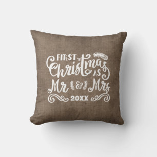 Coussin 1er Noël M. Mme Rustique Campagne Toile de jute
