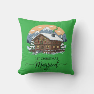 Coussin 1er Noël Mariés 2025 Ornement de Cabane Rustique
