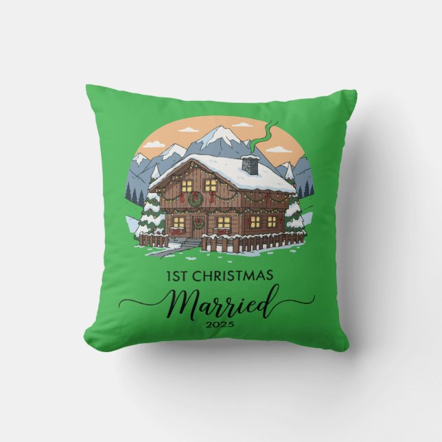 Coussin 1er Noël Mariés 2025 Ornement de Cabane Rustique (Recto)