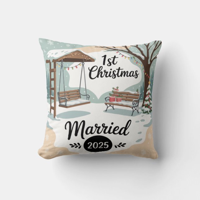 Coussin 1er Noël Mariés 2025 | Scène hivernale rustique (Recto)