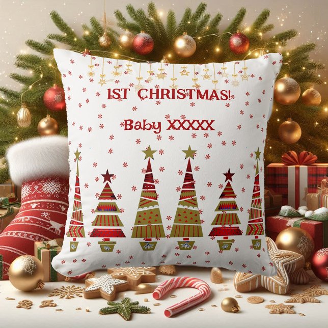 Coussin 1er Noël Ornament or Arbre Snowflakes Baby (1st Christmas Gold Ornament Tree Snowflakes Baby Throw Pillow)