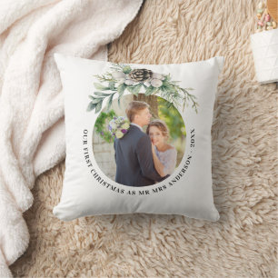 Coussin 1ère photo de jeunes mariés Noël blanc vert