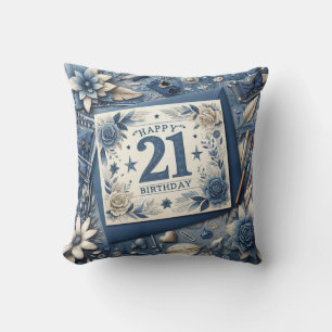 Coussin 21e Anniversaire crème bleu fleur amande