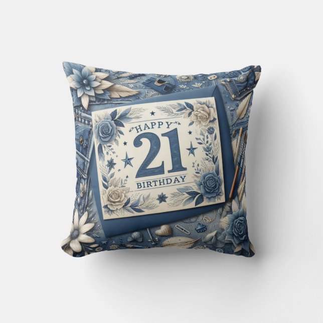 Coussin 21e Anniversaire crème bleu fleur amande (Recto)