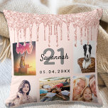 Coussin 21e jour birthday Phorose gold glitter blush pink<br><div class="desc">Une gift unique for a 21st birthday, celebrating her life with a collage of 5 of your own photos, pictures. Personalize and add her name, age 21 and a date. A chic feminine rose gold, blush pink colored background. Gray and black lettres and numbers. Les lecteurs "faux" ont été décorés...</div>