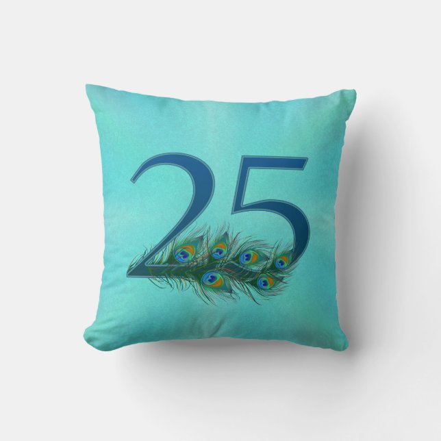 Coussin 25 Anniversaire de Naissance Élégant Plume de Paon (Recto)