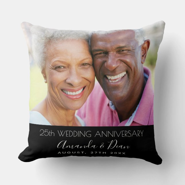 Coussin 25e anniversaire de mariage photo noir moderne (Recto)