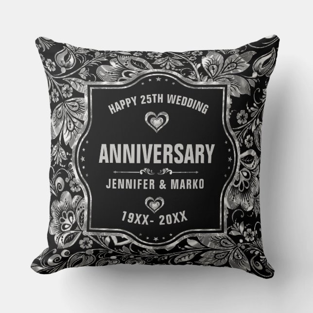 Coussin 25e anniversaire du Mariage Design noir et argent (Recto)