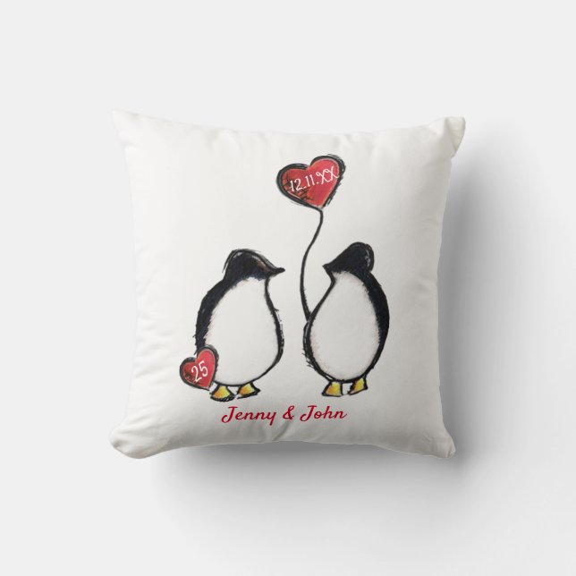 Coussin 25e anniversaire mariage d'argent pingouin (Recto)