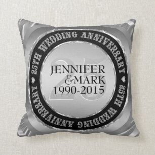 Coussin 25E Anniversaire Mariage Métallique Argent Et Noir