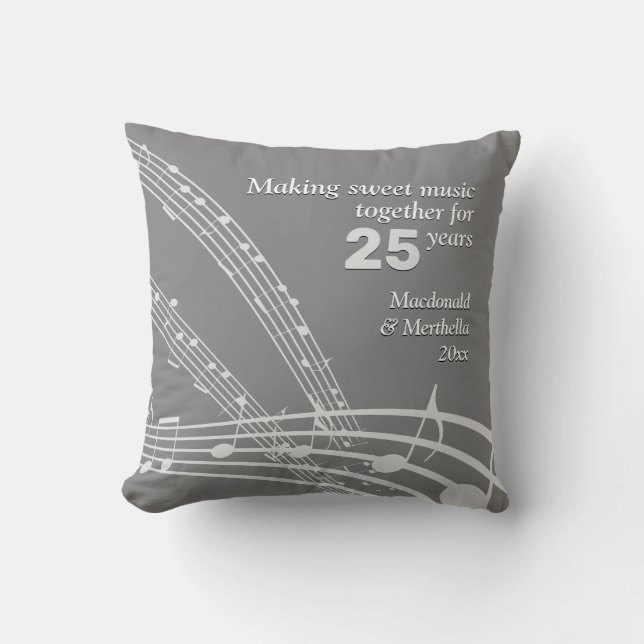 Coussin 25e Mariage ARGENT | Moderne | Notes de musique (Recto)