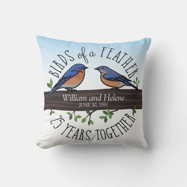 Coussin 25ème Anniversaire de mariage, oiseaux bleus d'une (Recto)