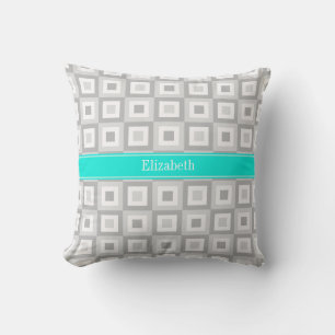 Coussin 2 Gris Blanc Concentrique Carré Aqua Nom Monogramm