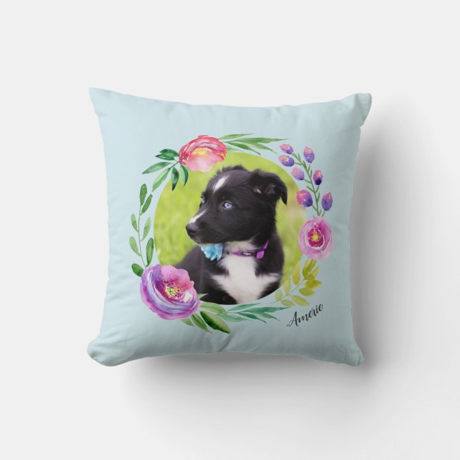 Coussin 2 photos de la couronne florale personnalisées| Bl (Recto)