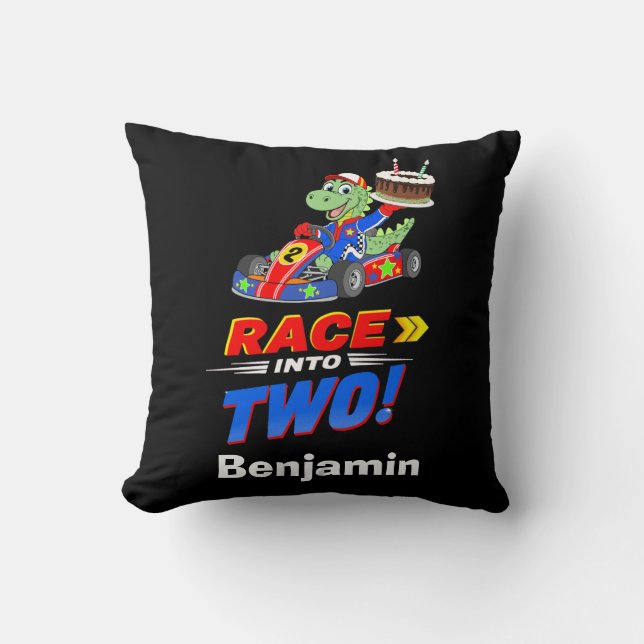 Coussin 2e anniversaire Dino Voiture de course Prêt Partez (Recto)