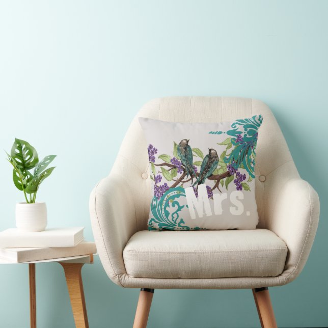 Coussin 2e anniversaire Oiseaux Turquoises Vintages pourpr (Chaise)