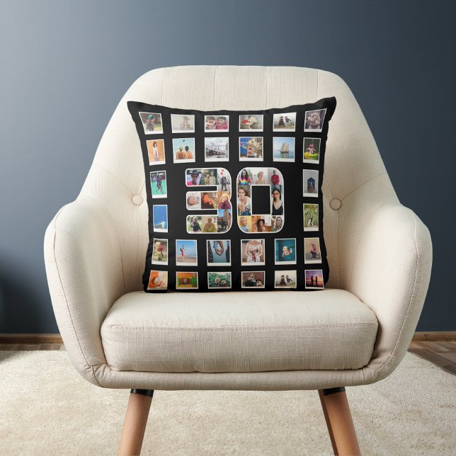 Coussin 30e anniversaire Famille Photo souvenir Collage (30th birthday throw pillow on a chair)