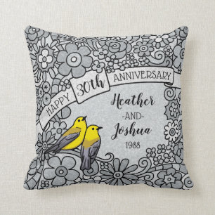 Coussin 30ème anniversaire personnalisé, oiseaux floraux