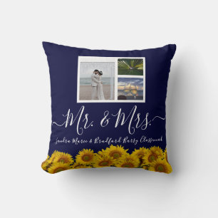 Coussin 3 Collage photo mariage tournesol bleu moderne 
