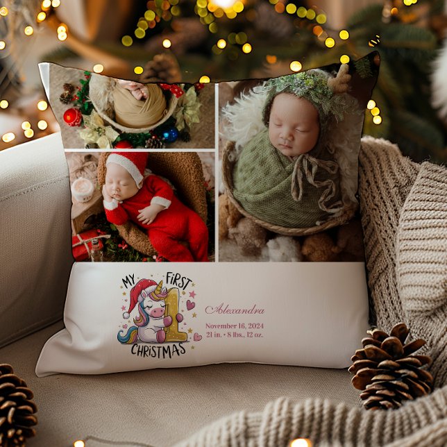 Coussin 3 Photo 1st Baby Christmas Pink Gold Unicorn (Créateur téléchargé)