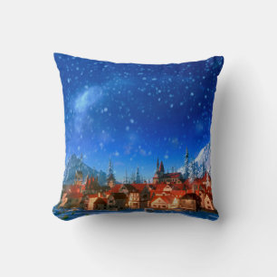 Coussin 3d illustration du petit village alpin à l'aube. S