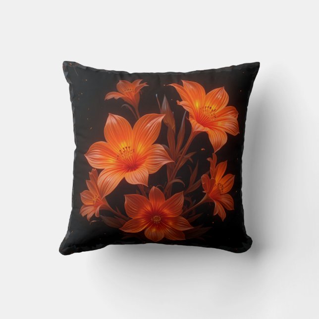 Coussin 3d néon brûlé fleurs orange sur arrière - plan noi (Verso)